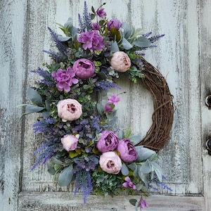 Lavender Peony wreath, Peony Wreath, Farmhouse wreath, Spring Summer wreath, Peony front door wreath, Lambs ear eucalyptus wreath