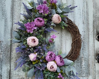 Lavender Peony wreath, Peony Wreath, Farmhouse wreath, Spring Summer wreath, Peony front door wreath, Lambs ear eucalyptus wreath