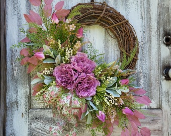 Boho Peony Wreath, Bohemian Wreath for Front Door, Mauve Floral Door Decor, Lambs Ear and Fern Floral Wreath