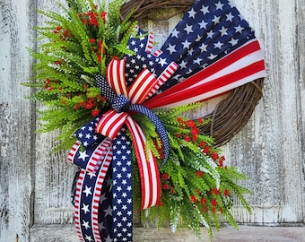 Patriotic Grapevine Wreath for Front Door, July 4th Red White Blue Floral Door Decor