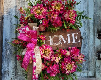 Spring Summer Floral Wreath, Summer Cottage Wreath, Magenta Dahlia Front door Decor, Indoor OutDoor Porch Decor, Mother's Day Birthday Gift