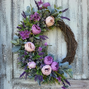 Lavender Peony Wreath, Farmhouse Lamb's Ear & Eucalyptus Decor