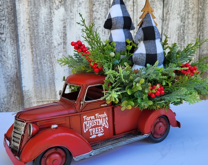Red Truck Christmas Decor, Farm Truck Christmas Arrangement, Rustic