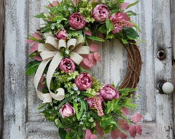 Spring Peony Wreath, Farmhouse Wreath for Front Door, Mauve Floral Grapevine Decor, Summer Wedding Decor, Mother&#39;s Day Gift, Cottage Decor