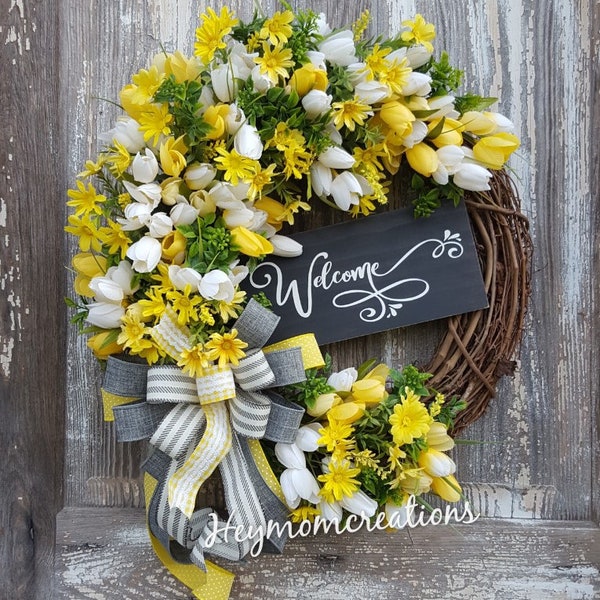 Couronne de tulipe jaune et de marguerite, couronne de bienvenue pour porte d’entrée, couronne de tulipe de printemps, couronne de Pâques