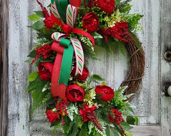 Red Peony Christmas Wreath, Holiday Door Decor with Berries