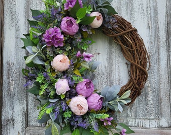 Peony and Lavender Wreath, Spring Summer Farmhouse Wreath, Peony Front Door Decor, Lambs Ear Eucalyptus Wreath