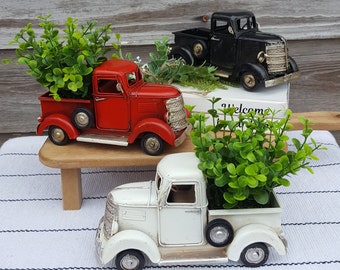 Tiered tray home decor,  Metal farm truck and greenery, Farmhouse tray arrangement, Kitchen decor, Rustic Mini truck decor
