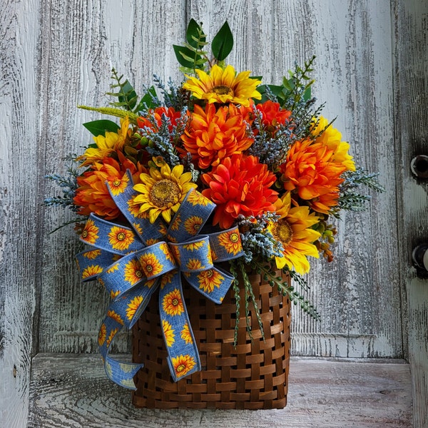 Sunflower Door Hanger Basket, Fall front door Decor, Rustic Floral Basket, Chipwood Basket Wall Arrangement
