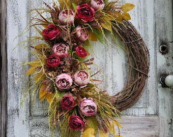 Mauve Peony Fall Wreath: Berry Ranunculus, Grapevine Cottagecore Door Decor
