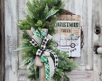 Rustic Christmas Wreath with Pine and Cedar, Buffalo Check Front Door Grapevine Decor