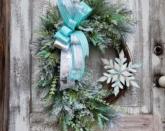 Christmas Winter Snowflake Wreath, Holiday Wreath for front Door, Winter Greenery Decor, Flocked Grapevine Wreath, Rustic Mint Porch Wreath