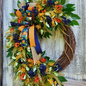 Orange and Blue Fall Wildflower Wreath for Front Door, Fall Floral ...