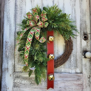 Rustic Christmas Bell Wreath, Pine Winter Greenery Wreath for front door, Seasonal Holiday Evergreen, Grapevine Wreath