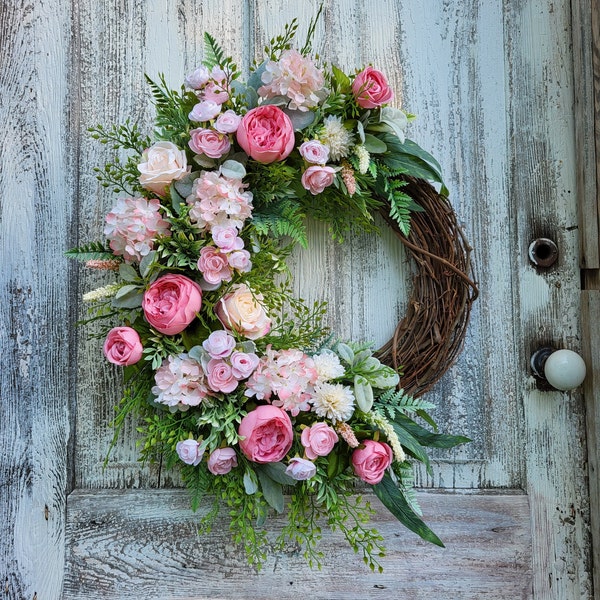 Spring Cabbage Rose wreath, Cottage Style Summer front door Wreath, Floral Grapevine, English Garden Door Decor