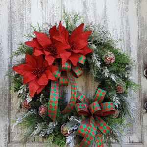 Poinsettia Christmas Wreath: Red Glittered Evergreen Holiday Decor