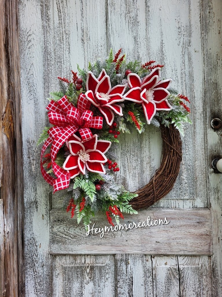 Poinsettia Christmas Wreath: Snowy Pine & Berry Grapevine Door