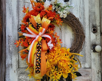 Candy Corn Halloween Wreath: Floral Grapevine Fall Door Decor