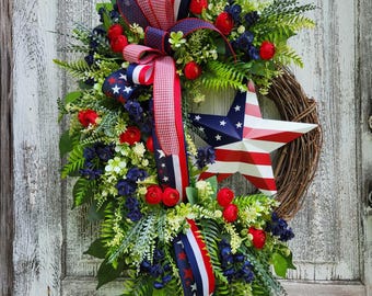 Patriotic Star Wreath, 4th of July Front Door Decor, Red White Blue Floral Grapevine