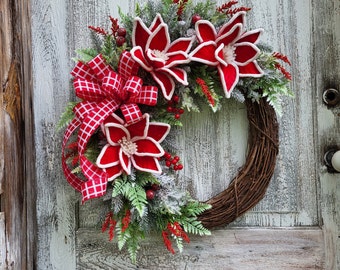 Christmas Poinsettia Wreath for front door, Winter Holiday Door Decor, Snowy Flocked Grapevine wreath, Greenery Pine Berry Fern Wreath