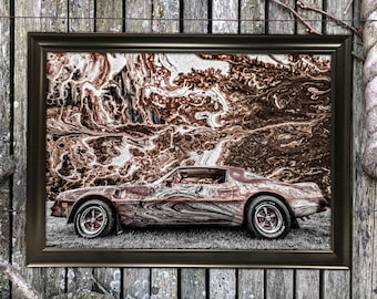 Pontiac Firebird Abstract Art Print Wall Hanging Mixed Media 12x18 Earth Tone Old Car Minimalist Photography Painting Drawing