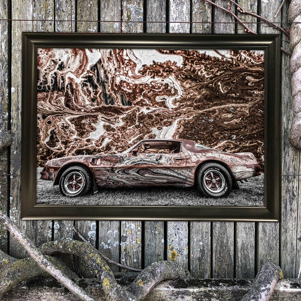 Pontiac Firebird Abstract Art Print Wall Hanging Mixed Media 12x18 Earth Tone Old Car Minimalist Photography Painting Drawing