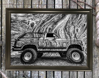 Ford Bronco Abstract Art Print Wall Hanging Mixed Media 12x18 Old Car Minimalist Photography Painting Drawing