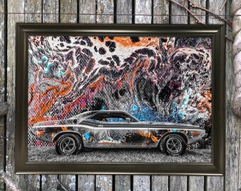 Dodge Challenger Abstract Art Print Wall Hanging Mixed Media 12x18 Earth Tone Old Car Minimalist Photography Painting Drawing