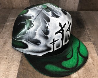 Airbrushed Jesus Cross Christian Green Snapback Hat Hand Painted airbrush