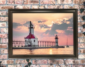 12x18 St. Joseph Lighthouse Photography Art Print Wall Hanging Mixed Media Painting Lake Michigan