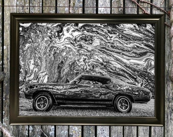 Chevrolet Chevelle Abstract Art Print Wall Hanging Mixed Media 12x18 Black and White Old Car Minimalist Photography Painting Drawing