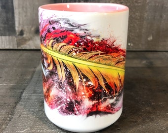 15oz Feather Painting Sublimation Coffee Mug 15oz Cozy Cup White and Pink