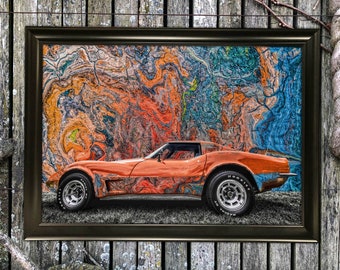 Chevrolet Corvette Abstract Art Print Wall Hanging Mixed Media 12x18 Earth Tone Old Car Minimalist Photography Painting Drawing