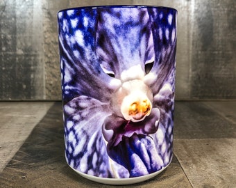 15oz Vanda Orchid Purple and Blue Flower Coffee Mug cozy Cup 15oz