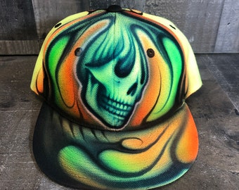 Airbrushed Neon Skull Snapback Hat Hand Painted airbrush