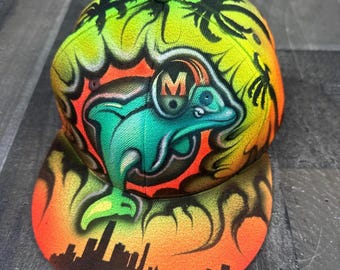 Airbrushed Miami Dolphins Neon Electric Tropical Paradise Snapback Hat Hand Painted airbrush cap