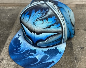 Airbrushed Deep Water Blue Battle Bat Snapback Hat Hand Painted airbrush