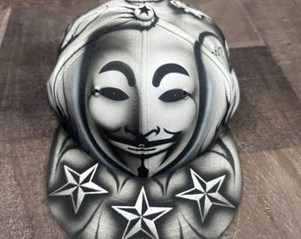 Airbrushed Anonymous Fawkes Mask Nautical Star Combo Snapback Hat Hand Painted airbrush cap