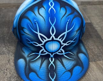 Airbrushed Blue Tribal Sun Fire and Ice Edition Snapback Hat Hand Painted airbrush