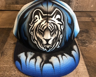 Airbrushed Blue Tiger Snapback Hat Hand Painted airbrush