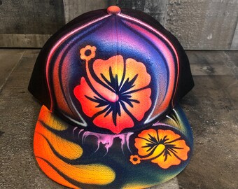 Airbrushed Hibiscus Flower Snapback Hat Hand Painted airbrush