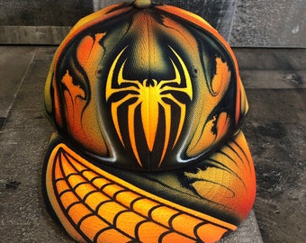 Airbrushed Yellow and Orange Fiery Spider Snapback Hat Hand Painted airbrush Cap