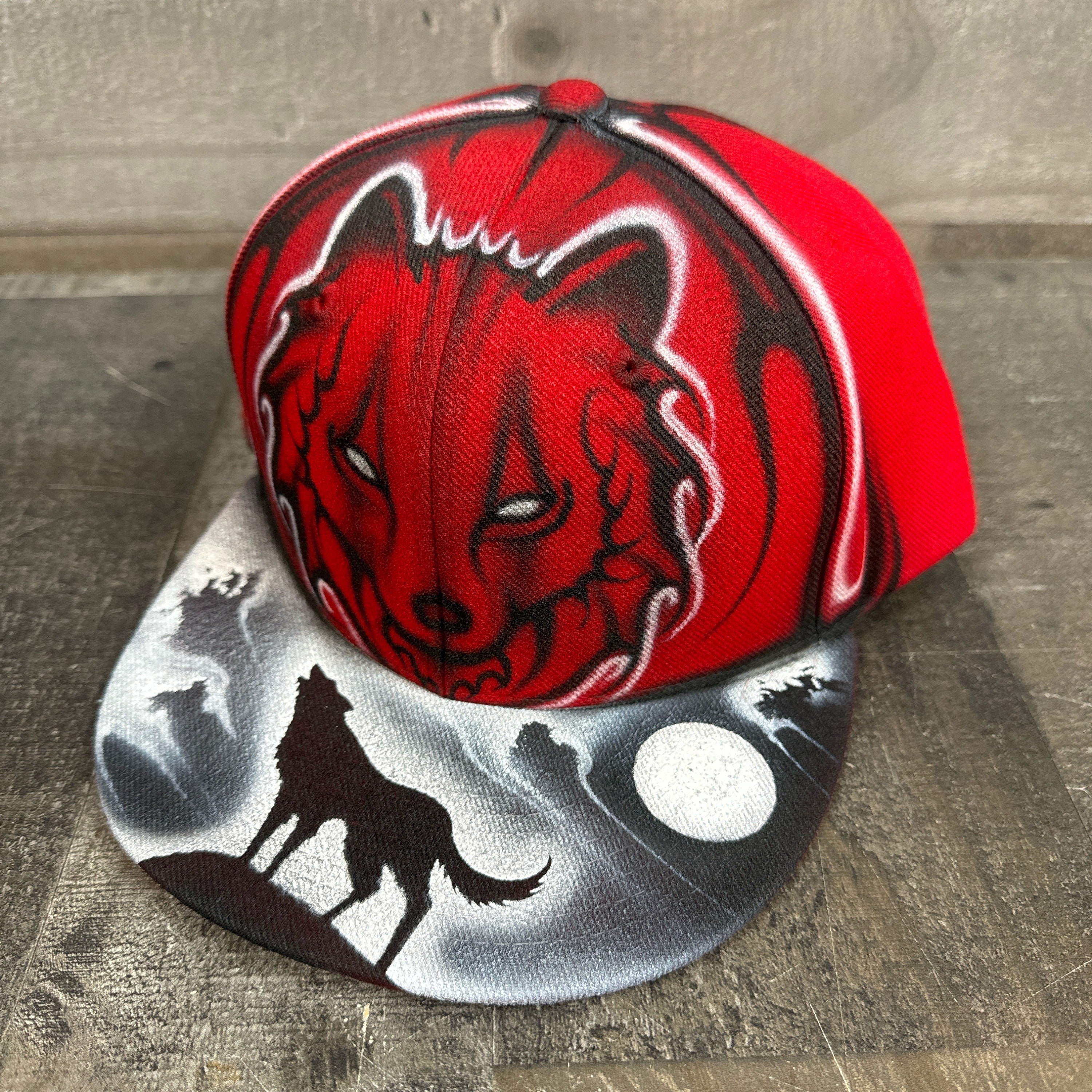 Airbrushed Red Wolf Snapback Hat Hand Painted airbrush