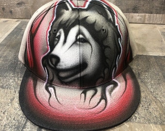 Airbrushed Husky Wolf Snapback Hat Hand Painted airbrush
