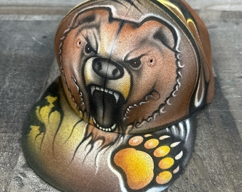 Airbrushed Grizzly Bear Snapback Hat Hand Painted airbrush cap