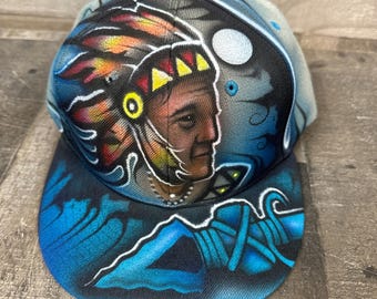 Airbrushed Native American Chief Arrowhead Snapback Hat Hand Painted airbrush cap