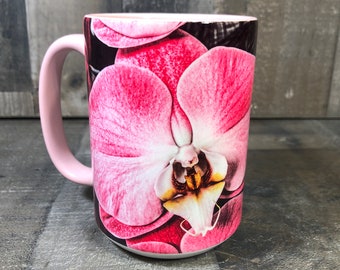 15oz Unique Pink Orchid Flower Coffee Mug Photography Magenta Phalaenopsis