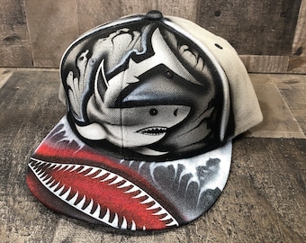 Airbrushed Great White Shark Snapback Hat Hand Painted airbrush