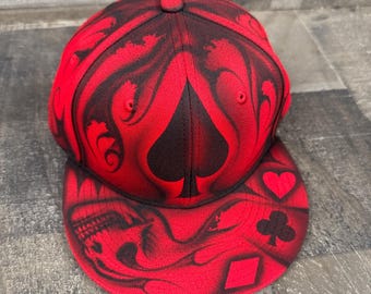 Airbrushed Spade Poker Snapback Hat The Gambler Red and Black Edition Hand Painted airbrush