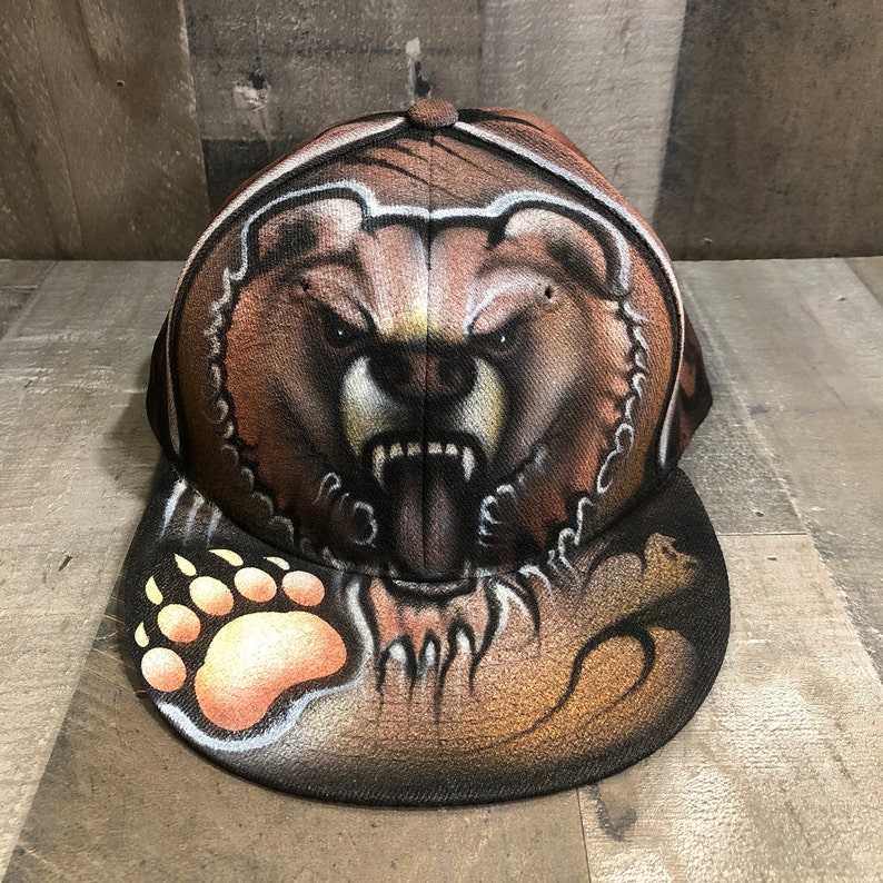 Airbrushed Grizzly Bear SnapBack Hat Hand Painted airbrush